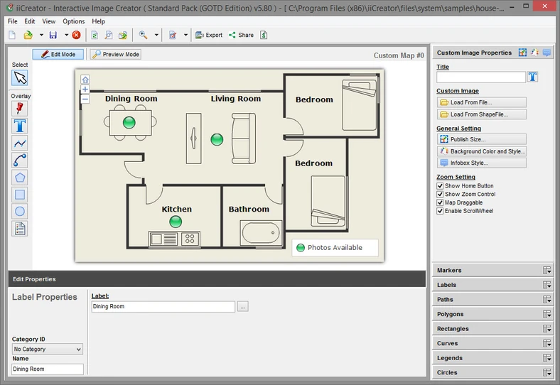 Główne okno programu do tworzenia interaktywnych planów, map i schematów - iiCreator - Interactive Image Creator Standard