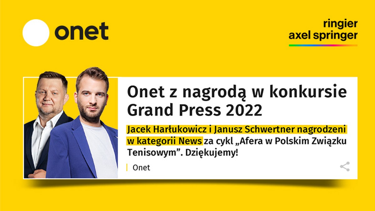 Jury konkursu Grand Press 2022 przyznało dziennikarzom Onetu nagrodę w kategorii News za cykl dotyczący afery w Polskim Związku Tenisowym. Skutkiem publikacji była dymisja prezesa PZT Mirosława Skrzypczyńskiego. Nagrodę Dziennikarza Roku otrzymał Szymon Jadczak z Wirtualnej Polski.