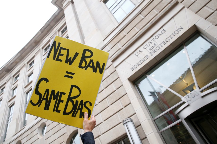 Activists in Washington, DC, rally in March against the Trump administration's order barring travelers from six Muslim-majority nations.