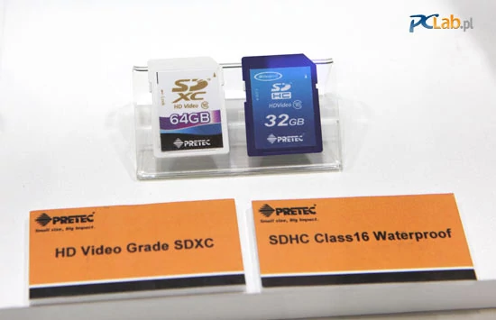 Pretec specjalizuje się też w produkcji kart pamięci – na zdjęciu karta w nowym standardzie SDXC i o pojemności 64 GB