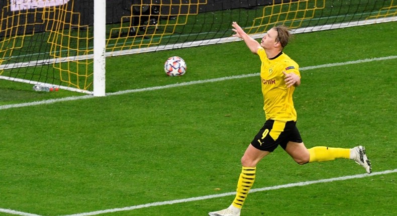 On target: Dortmund's Erling Braut Haaland celebrates scoring