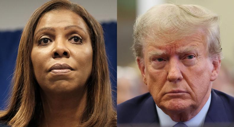 New York AG Letitia James wants to know if Trump's lawyers withheld evidence during his fraud trial.Left, Spencer Platt/Getty Images. Right, Brendan McDermid/AFP/Getty Images