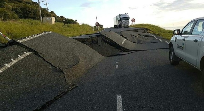 Earthquake damage to State Highway One near Ohau Point on New Zealand's South Island on November 14, 2016, after a powerful 7.8-magnitude earthquake struck off the coast