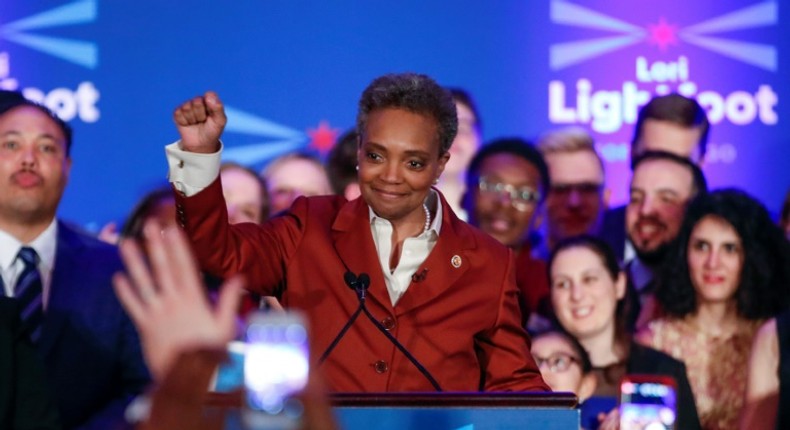 Chicago mayor elect Lori Lightfoot (C) gives an election night victory speech on April 2, 2019.