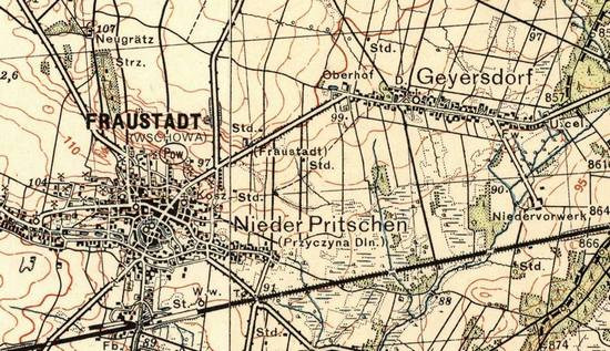 Mapa sztabowa z zaznaczonymi miejscowościami Geyersdorf oraz Fraustadt, które to stały się celem polskiego ataku 2 września 1939 r.