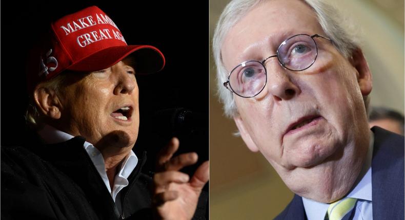 Former President Donald Trump (L) speaks during Pennsylvania rally on May 6, 2022. Mitch McConnell (R) is pictured on May 3, 2022.