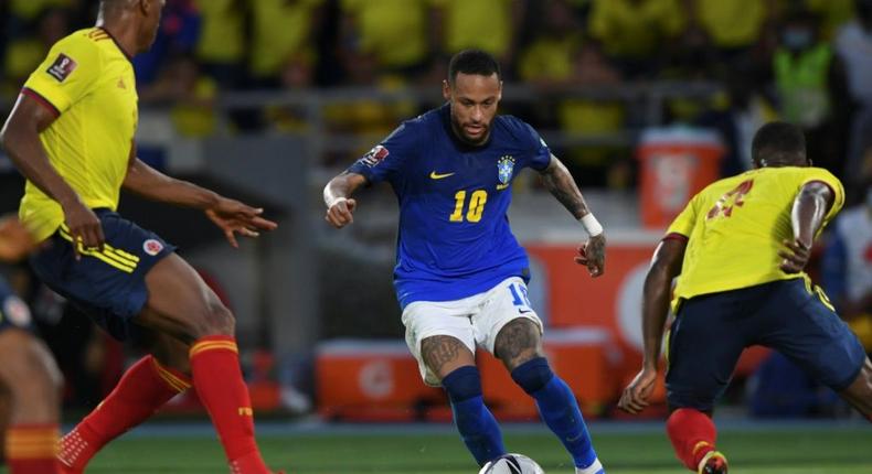 The returning Neymar (center) could not inspire Brazil to victory as they were held 0-0 by Colombia in a World Cup qualifier Creator: JUAN BARRETO