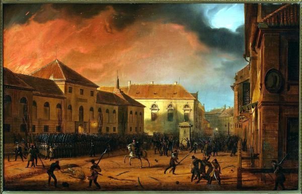 Walki pod Arsenałem Królewskim w Warszawie w trakcie powstania listopadowego, obraz Marcina Zaleskiego (1831, domena publiczna).