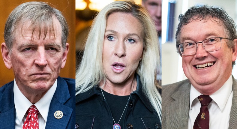 Reps. Paul Gosar (left) and Thomas Massie (right) have signed onto Rep. Marjorie Taylor Greene's motion to vacate.Tom Williams/CQ-Roll Call via Getty Images