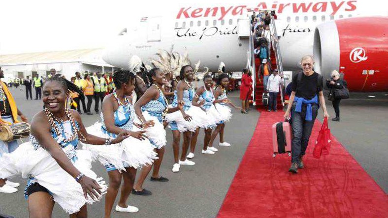 Traditional dancers entertain travellers at the Jomo Kenyatta International Airport upon arrival aboard a Kenya Airways aircraft from New York in 2018.