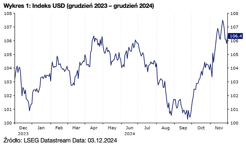Wykres 1: Indeks USD (grudzień 2023 – grudzień 2024)