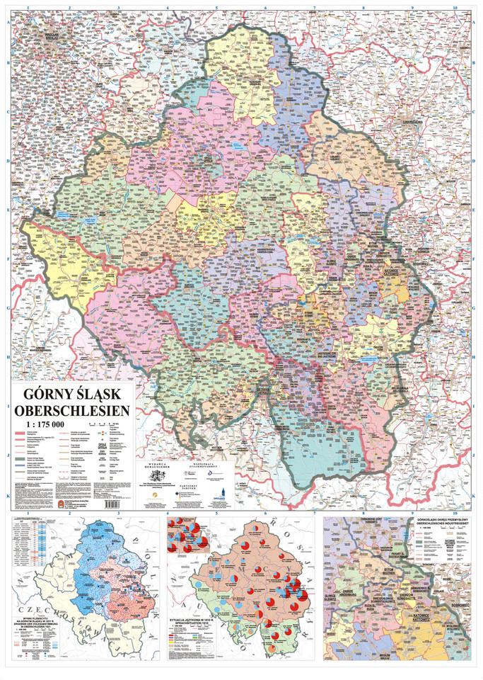 Mapa Górnego Śląska, przedstawiającej na aktualnej siatce podział regionu w czasach międzywojennych