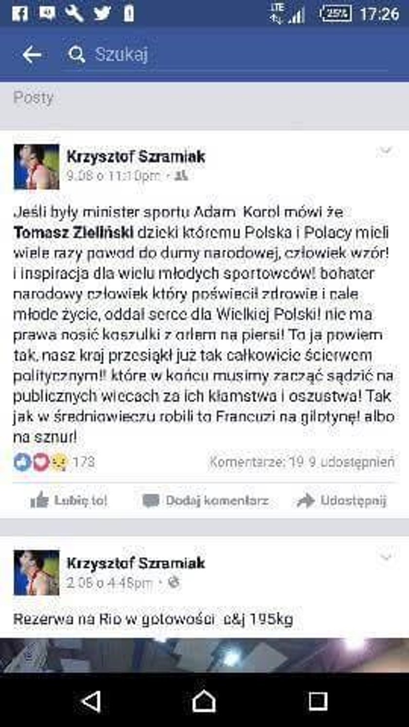 Krzysztof Szramiak broni Tomasza Zielińskiego i szokuje na facebooku