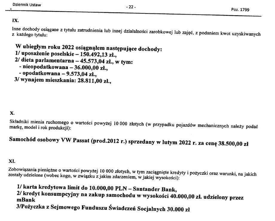 Oświadczenie majątkowe Władysława Kosiniaka-Kamysza.