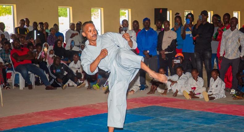 Embakasi East MP Babu Owino practising Karate at the Moi International Sports Centre, Indoor Arena