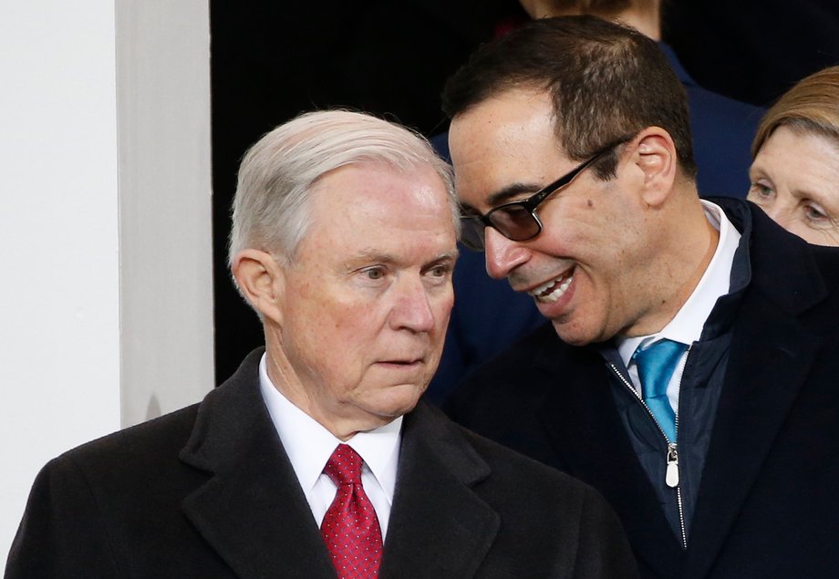 Jeff Sessions (R) and Steven Mnuchin (L).