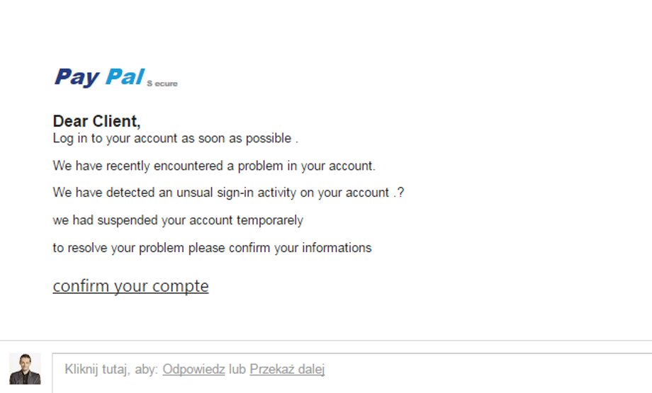 Kolejny przykład phishingu - tym rezem atakujący podszywa się pod serwis PayPal