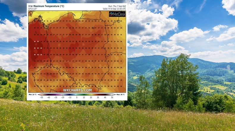 Wrześniowe lato nie odpuści również w piątek (mapa: wxcharts.com)