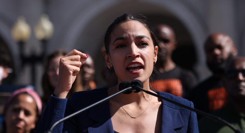 Rep. Alexandria Ocasio-Cortez (D-NY) speaks during an event outside Union Station June 16, 2021 in Washington, DC. Ocasio-Cortez, joined by Rep. Seth Moulton (D-NY) and Sen. Kirsten Gillibrand (D-NY), called for increased federal funding for high-speed rail in the infrastructure package being discussed on Capitol Hill.
