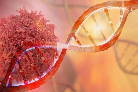 DNA strand and Cancer Cell Oncology Research Concept 3D rendering