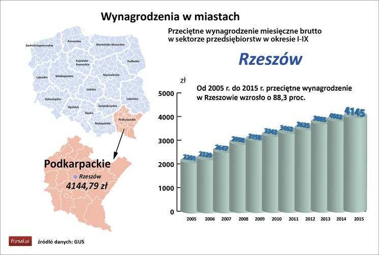 Pozycja 8. to Rzeszów. W ciągu ostatnich 10. lat pensje pracowników rzeszowskich firm rosły najszybciej w Polsce. Od 2005 r. zarobki rzeszowian zwiększyły się aż o 88,3 proc. do 4,1 tys. zł z 2,2 tys. zł. Wzrost roczny wyniósł 3,6 proc.