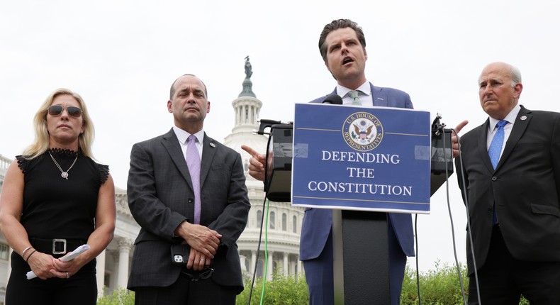 Rep. Matt Gaetz speaks as Reps. Marjorie Taylor Greene, Louie Gohmert, and Bob Good listen during a news conference outside the U.S. Capitol July 29, 2021 in Washington, DC. The Republican legislators discussed their visit to a DC correction facility where January 6th Capitol riot suspects are being held.
