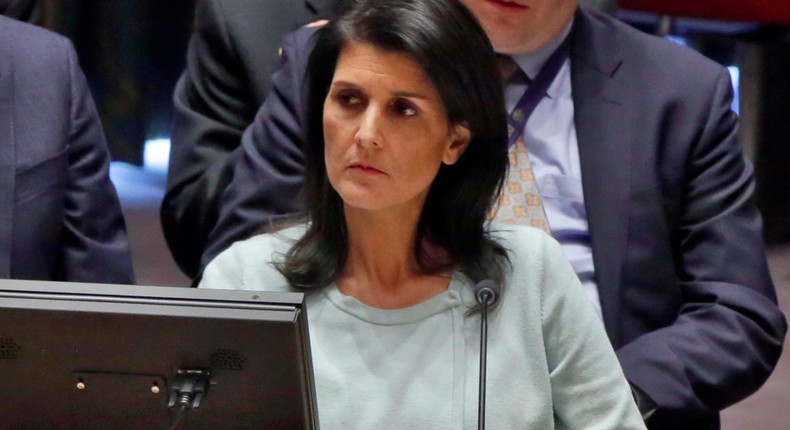 The new U.S. Ambassador to the U.N. Nikki Haley, listens to proceedings during a Security Council meeting of the United Nations, Thursday, Feb. 2, 2017. U.S. Deputy Permanent Representative Michele Sison is at center.