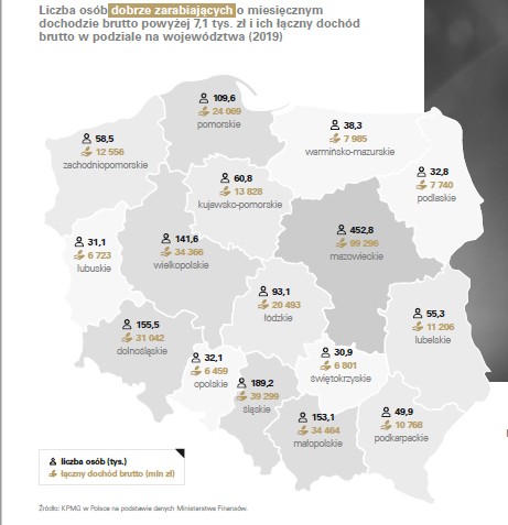 Liczba osób dobrze zarabiających o miesięcznym dochodzie brutto powyżej 7,1 tys. zł w podziale na województwa