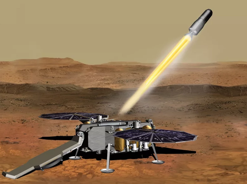 Wizja artystyczna lądownika, który wystrzeliłby próbki z powierzchni Marsa