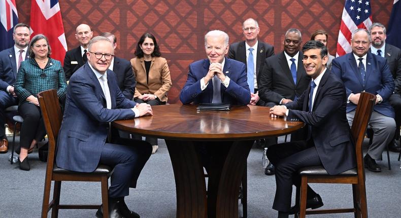 US President Joe Biden, Australian Prime Minister Anthony Albanese, and British Prime Minister Rishi Sunak meet during the AUKUS summit on March 13, 2023.Leon Neal/Getty Images