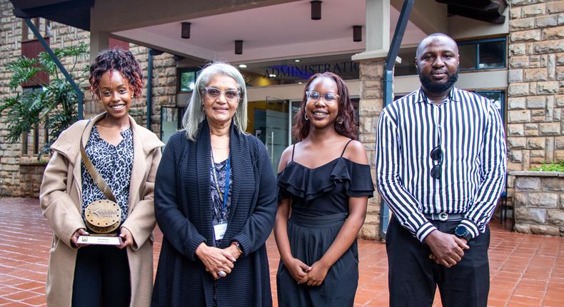 L-R: Steph Sevani, Director, House of Secrets, Prof. Freida Brown, Vice Chancellor, Michelle Donde, Director, House of Secrets, Alfred Obi, Casting Director / Assistant Director, House of Secrets pose with their award. House of Secrets won in the categories of Best Sound Designer (Kelvin Osoo), Best Director (Michelle Donde and Steph Sevani), and Best Feature by a Student during the eleventh edition of the Kalasha International Film and TV Awards.