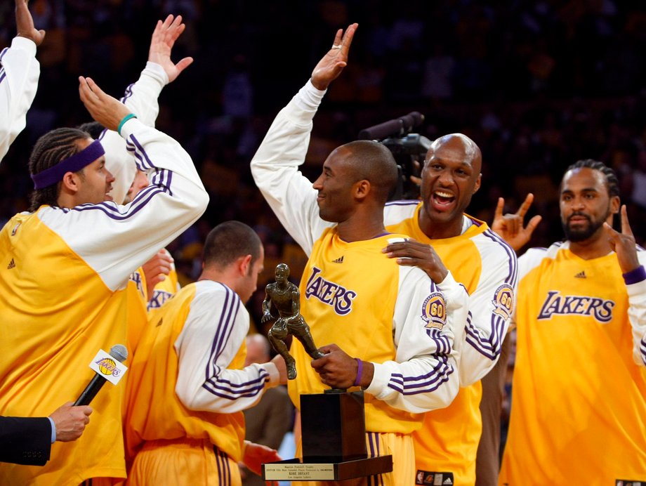 Bryant was awarded the NBA MVP Award for the 2007/2008 season. Here, he's given the trophy before Game 2 of the 2008 NBA Western Conference Semifinals.