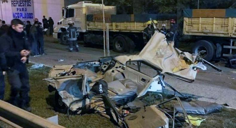 Seen here is the wreckage of a car in which four people were killed following a police pursuit in San Miguel del Monte, Argentina -- 12 police officers have been suspended over the incident