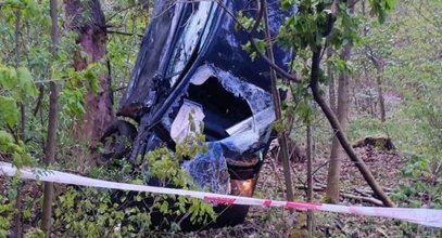 Zatrważający wypadek na Dolnym Śląsku! Auto zawisło na drzewie