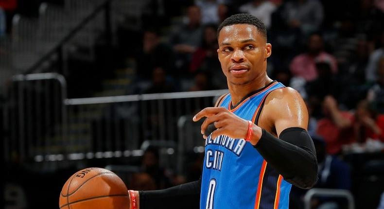 Russell Westbrook of the Oklahoma City Thunder calls out to his teammates during the game against the Atlanta Hawks on December 5, 2016 in Atlanta