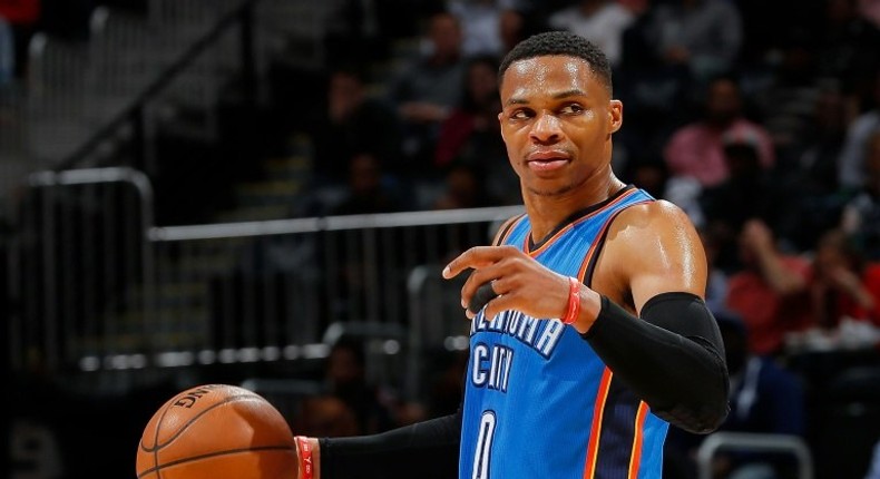 Russell Westbrook of the Oklahoma City Thunder calls out to his teammates during the game against the Atlanta Hawks on December 5, 2016 in Atlanta