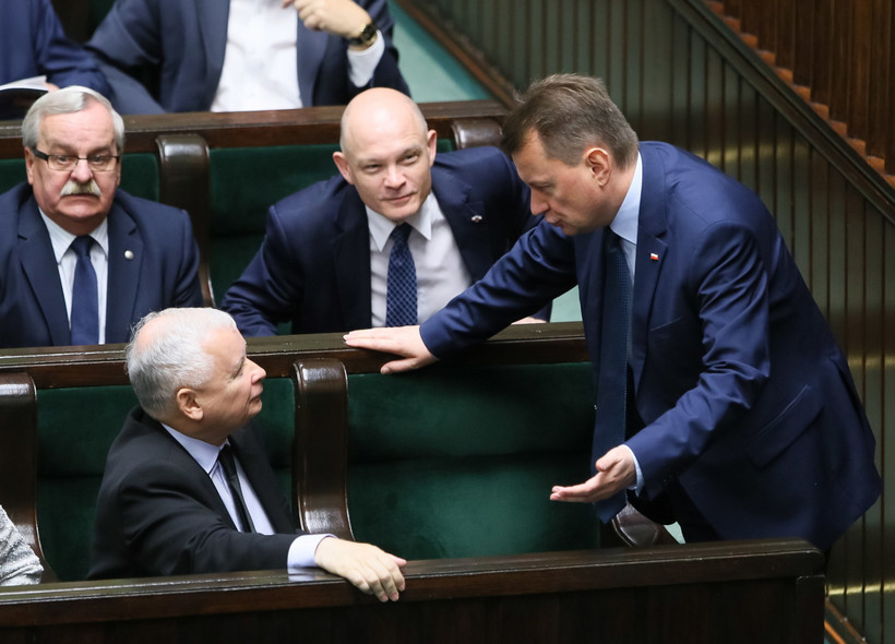 Prezes PiS Jarosław Kaczyński i minister spraw wewnętrznych i administracji Mariusz Błaszczak