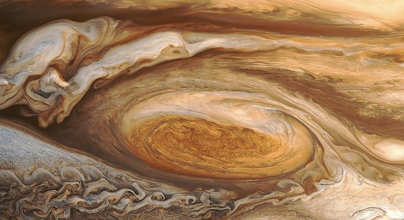 Jupiter's Great Red Spot storm, as seen by NASA's Voyager 1 probe on March 4, 1979.