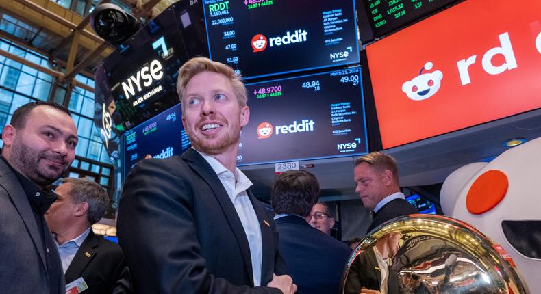 Reddit CEO Steve Huffman stands on the floor of the New York Stock Exchange after ringing a bell setting the share price at $47 in its initial public offering on March 21, 2024 in New York City.Spencer Platt/Getty Images