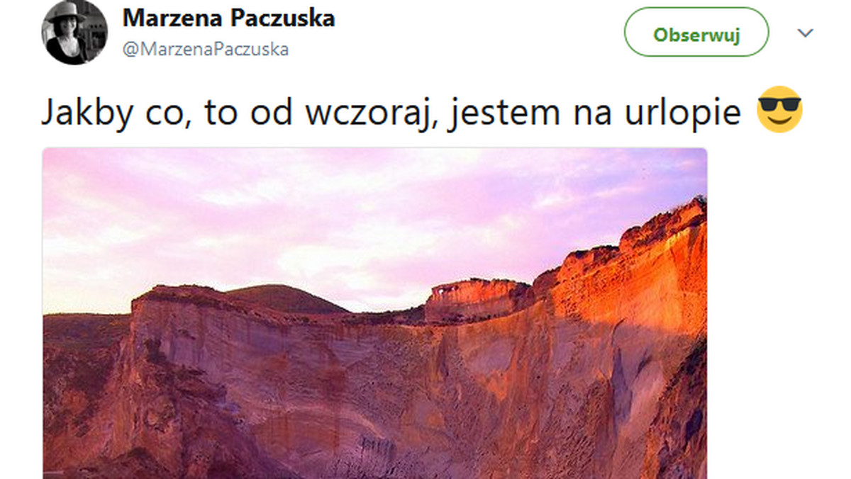 Marzena Paczuska, czyli szefowa Wiadomości, została wysłana na przymusowy urlop. Na swoim Twitterze zamieściła zdjęcie z wakacji - jak się okazało, nie była jego autorką, a fotografia została wykonana w 2007 roku. Na reakcję internautów nie trzeba było długo czekać.