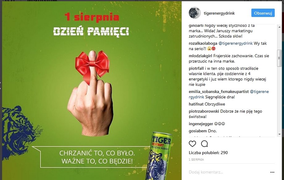 Tak wyglądała obraźliwa grafika umieszczona na Instagramie Tigera 1 sierpnia br. 