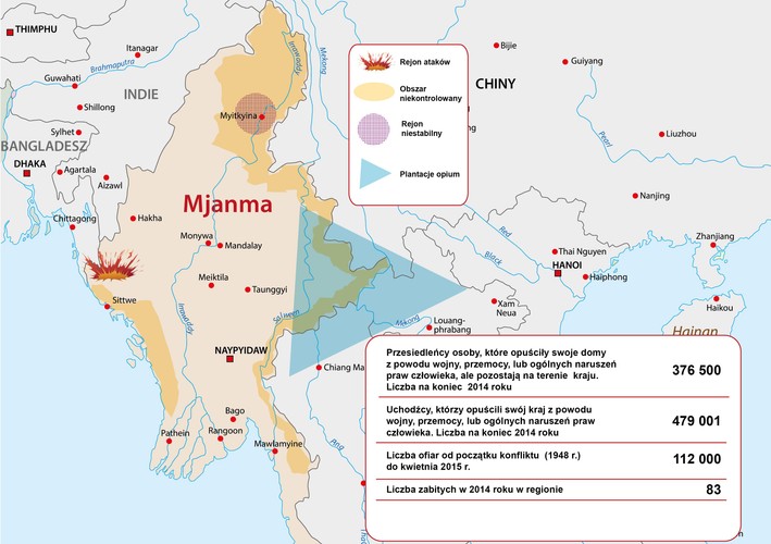 Konflikt w Mjanmie trwa praktycznie od ogłoszenia deklaracji niepodległości, która nastąpiła na początku 1948. W Mjanma (dawnej Birmie) przeciwko władzom centralnym występowały różne frakcje rebelianckie i separatystyczne. Mjamna jest również areną licznych konfliktów etnicznych. Przez ostatnie 50 lat w kraj był pod dyktaturą wojskową. Mimo przejścia do systemu demokratycznego w 2011 r. bezpieczeństwo w kraju nie poprawiło się. Rebelianci z różnych grup etnicznych nadal walczą o wpływy w północnych obszarach przygranicznych w pobliżu Chin i Tajlandii. W konflikcie trwającym od 1948 r. zginęło 112 tys. osób.