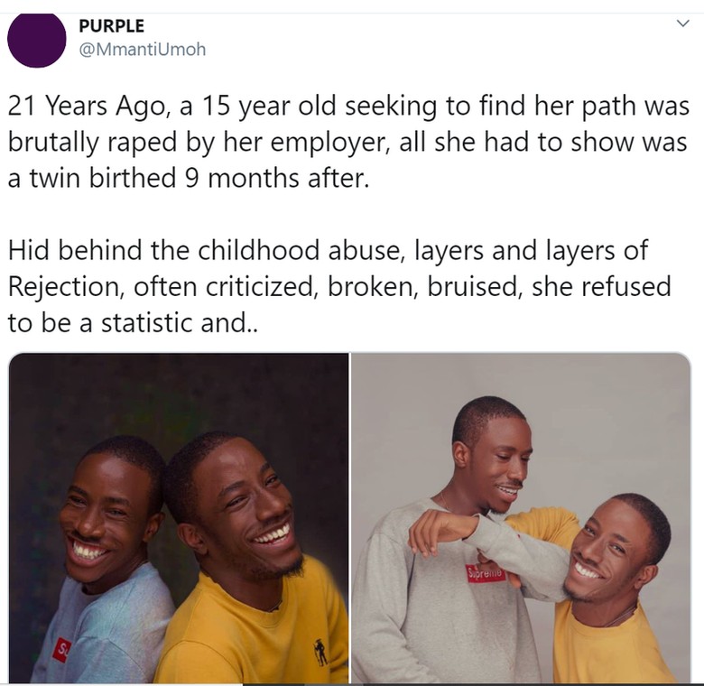 Lady celebrates handsome twins she gave birth to after being raped by her boss at age 15