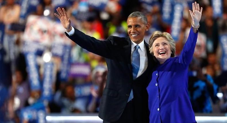 US President Barack Obama and Presidential candidate Hillary Clinton at the Democratic National Convention in Philadelphia on Wednesday, July 27, 2016.