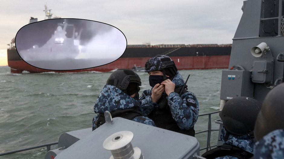 Ukraińskie służby na Morzu Czarnym, grudzień 2023 r. (w kółku: eksplozja na okręcie "Siergiej Kotow" / YouTube / Daily Mail)