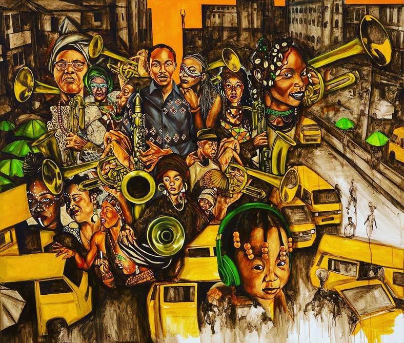 A painting of Seun Kuti, his grandmother, his daughter and Afrobeat dancers (Instagram/Seun Kuti) 