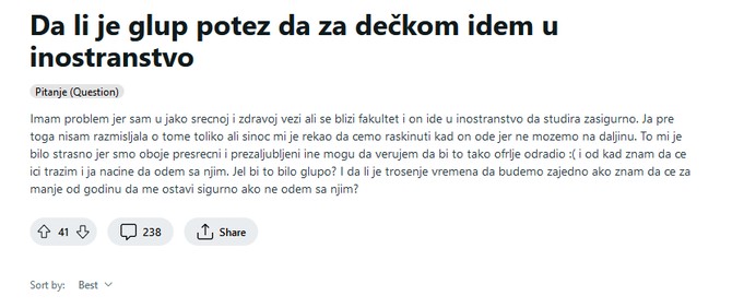 Post na Reditu o odlasku dečka u inostranstvo
