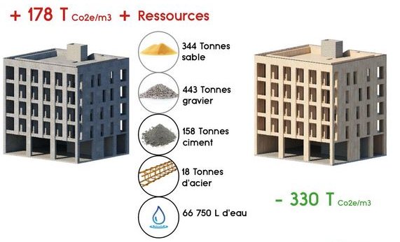 Porównanie obiektów z betonu i drewna, ich emisji CO2 oraz potrzebnych surowców