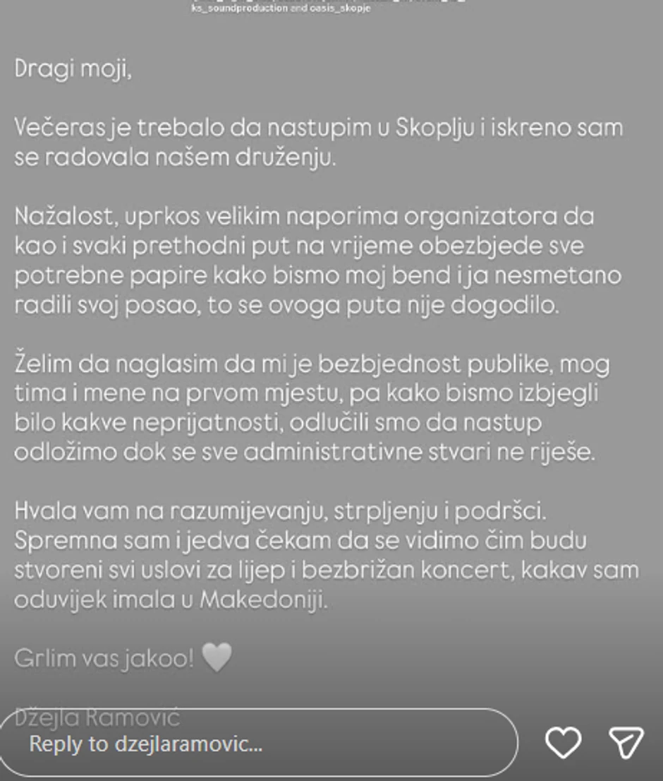 Džejla Ramović otkazala nastup u Skoplju 
