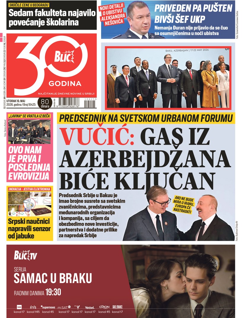 Blic naslovna strana za 19.5.